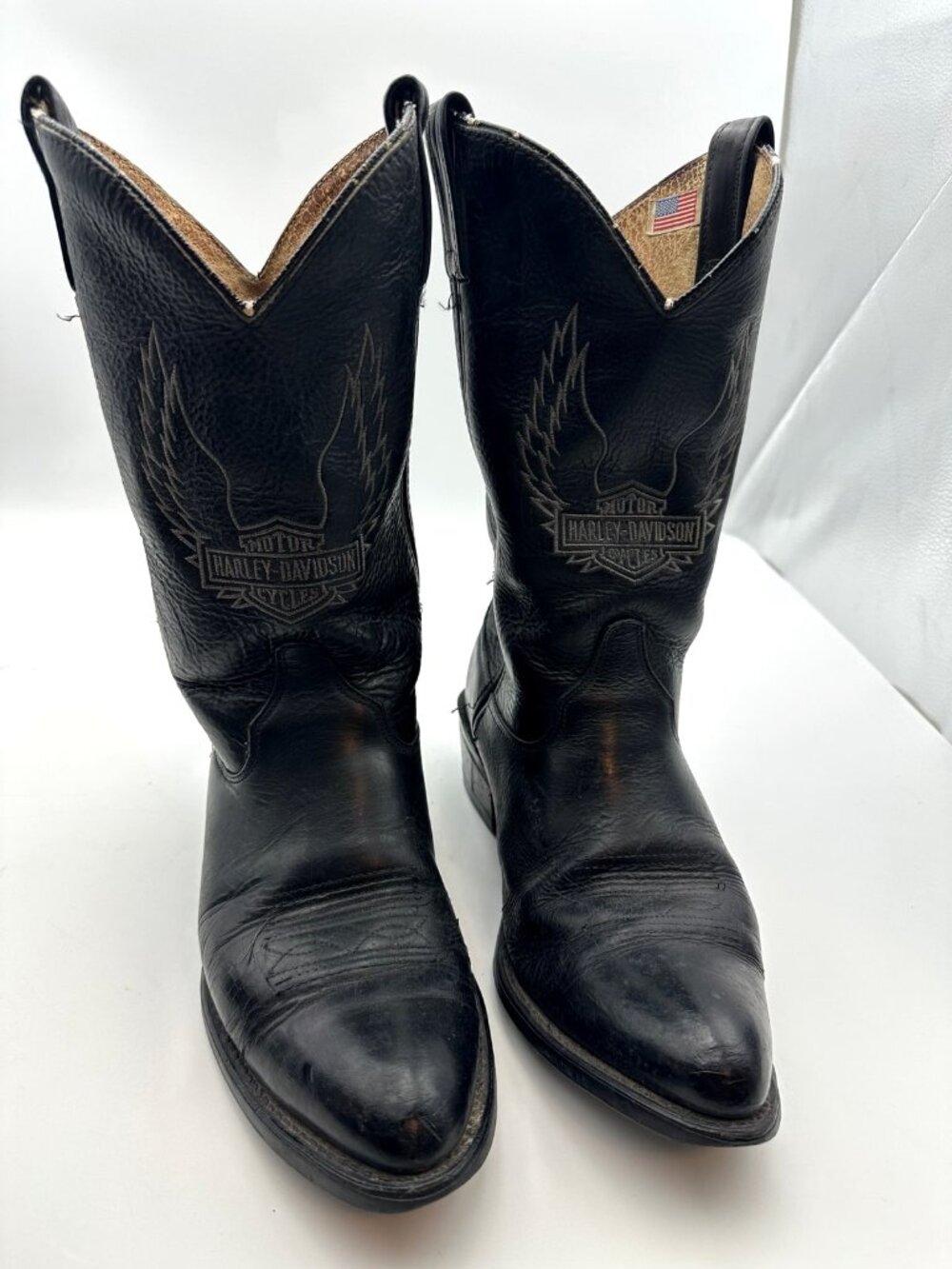 Harley-Davidson Mens Black Leather Cowboy Western Boots Bar Shield Wings Sz 9